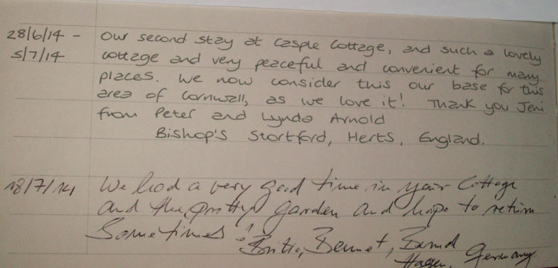 Visitor comments book at Casple Cottage