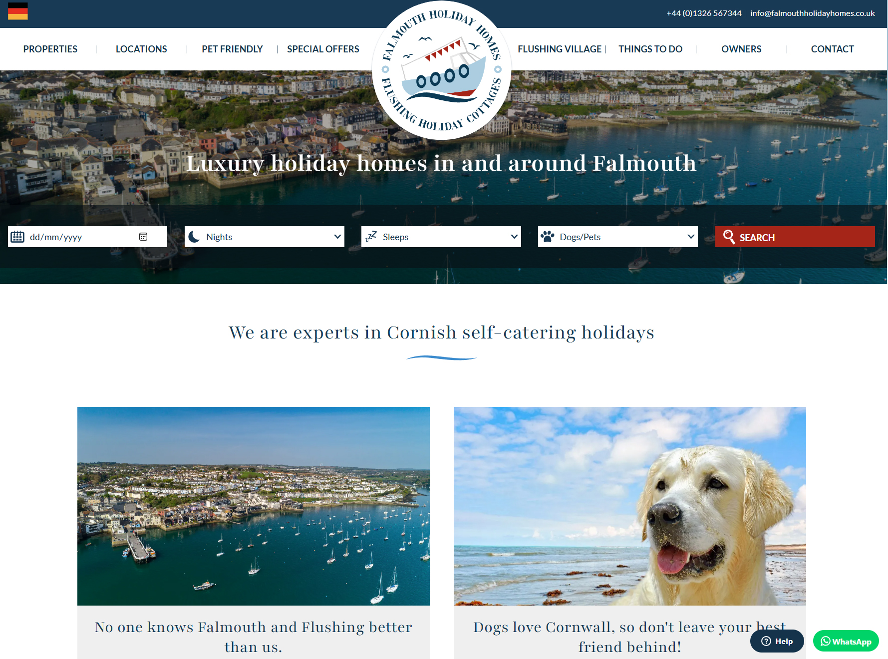 Falmouth Holiday Homes website – browse properties and availability