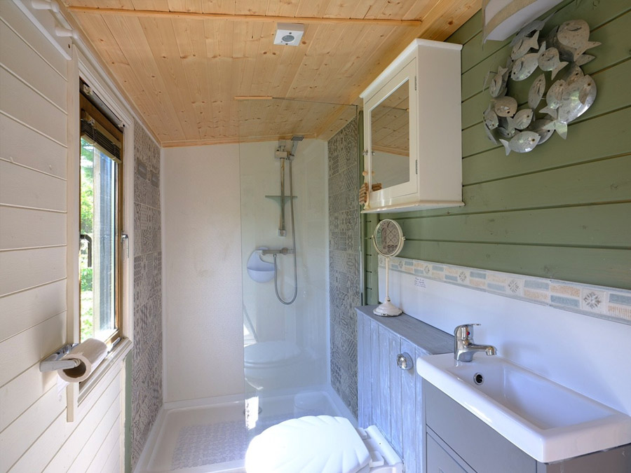 the ensuite Shower  at Foxys Shepherd's Hut Glamping Self-catering between St Ives and Penzance