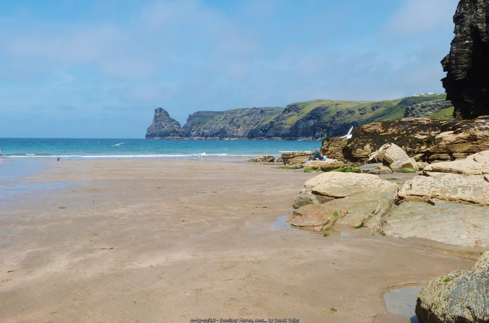 The wide sands of Bossiney Haven at low tide, with the headlands beyond