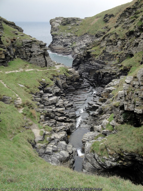 The slate cliffs and gorge where Rocky Valley meets the sea