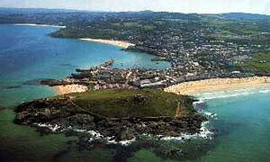 Aerial view of St Ives, the Island and Porthmeor Beach