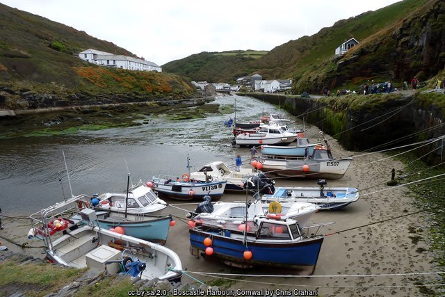 Boats in Boscastle harbour, looking along the River Valency from the harbour wall