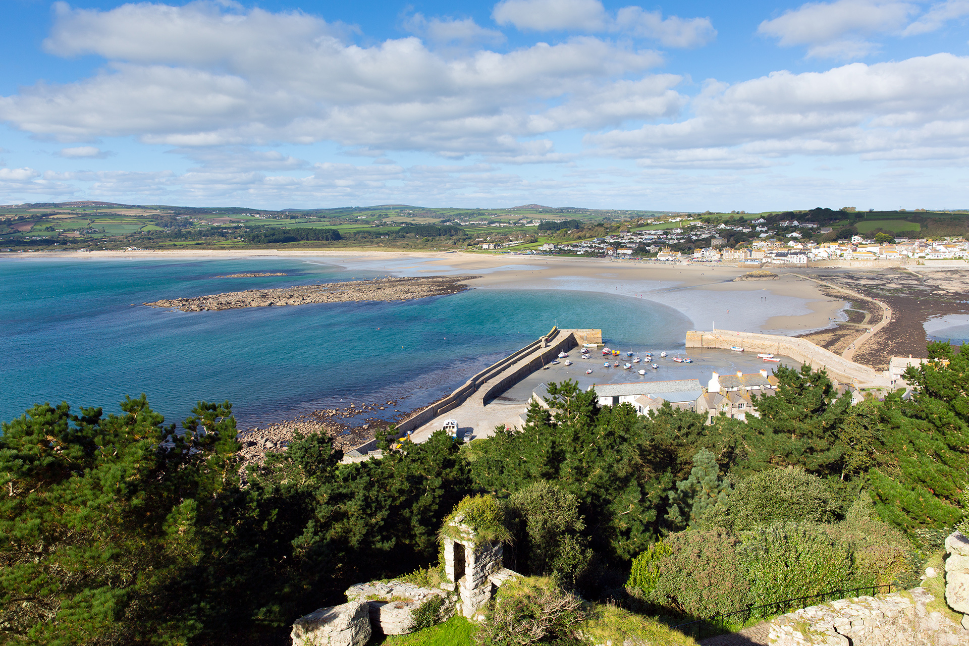 Aerial view from St Michael's Mount looking toward Marazion and the causeway