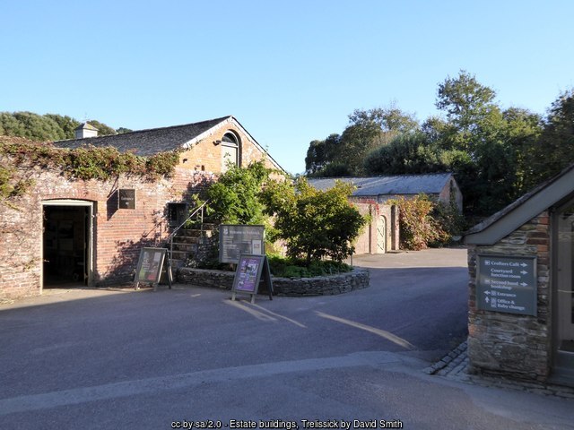 Stone estate buildings at Trelissick, now the visitors' entrance to the house and garden