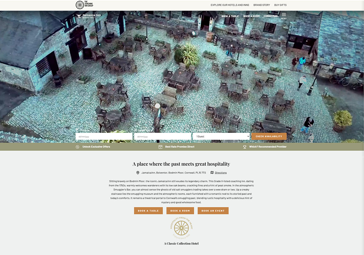 Screenshot of the official Jamaica Inn website home page - click to visit jamaicainn.co.uk