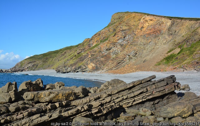 Folded rock strata at Millook Haven Beach