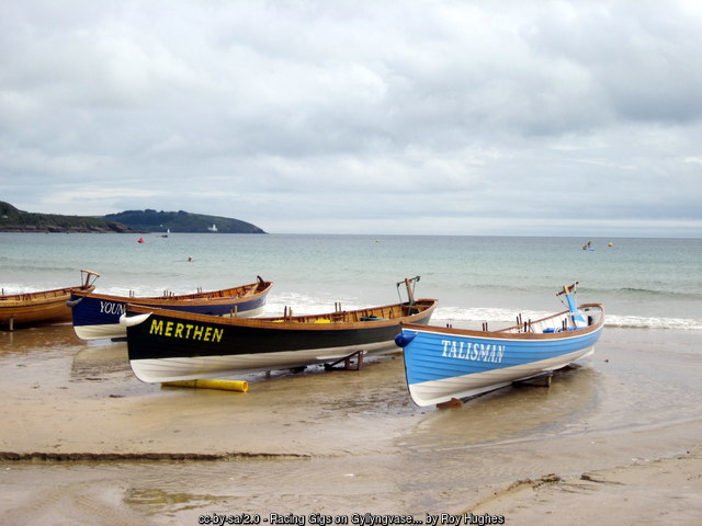 Racing gigs on Gyllyngvase Beach Falmouth, Cornwall