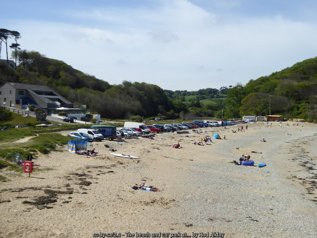 The beach and car park at Maenporth Beach , Cornwall