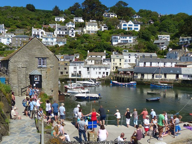 Cottages stacked up the valley sides above Polperro harbour, Cornwall
