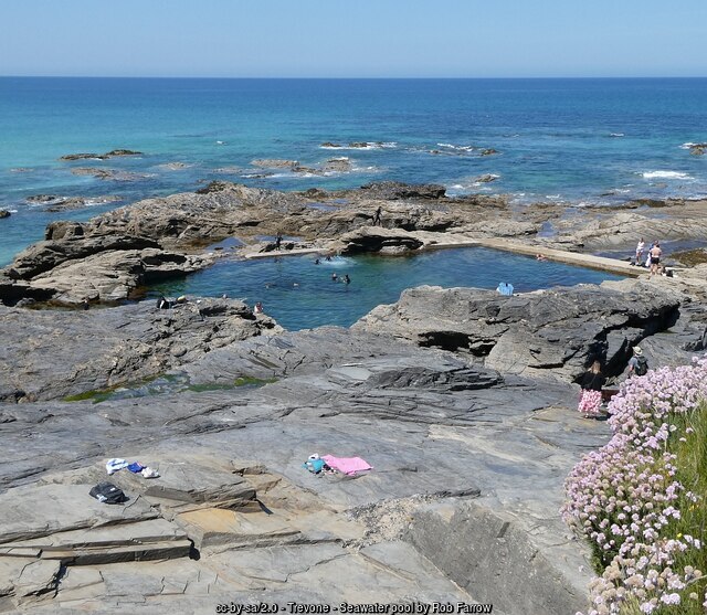 Rock pools and the tidal pool on Rocky Beach at Trevone, Cornwall