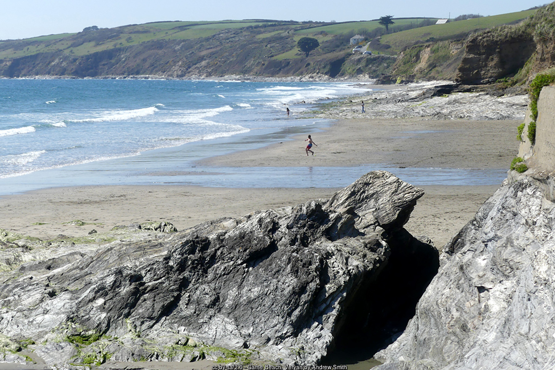 Carne Beach Roseland Peninsula Cornwall gently sloping sand and rock pools below the Nare Hotel - Cornwall family beach holidays