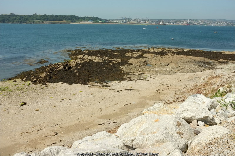 The rocky shore and wave-cut platform at Castle Beach, Cornwall