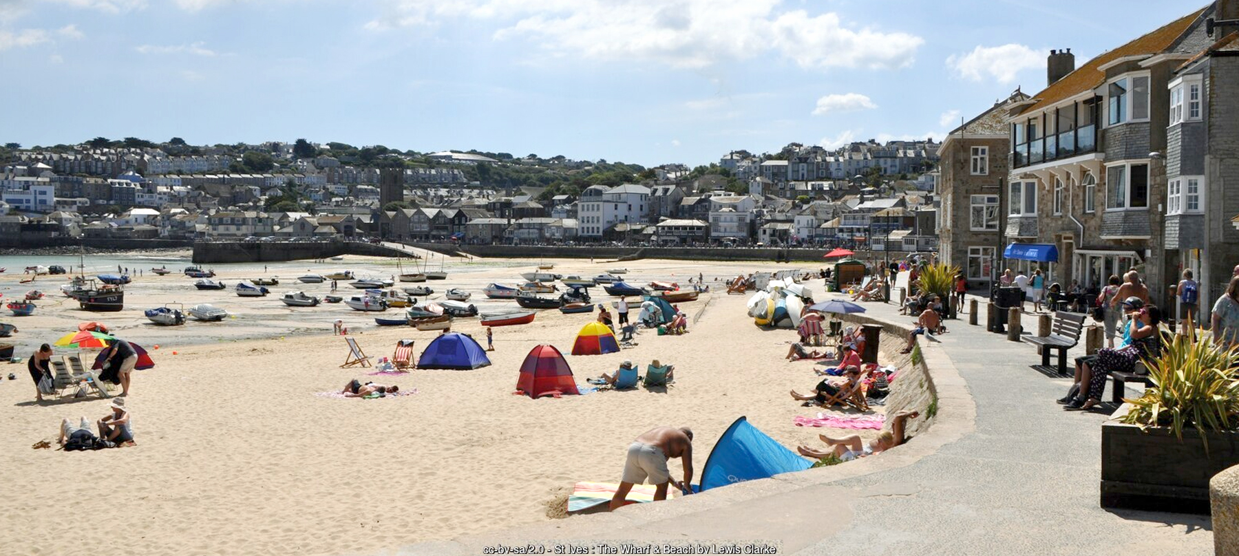 Harbour Beach St Ives  with boats and the historic harbourfront in Cornwall - Cornwall family holidays