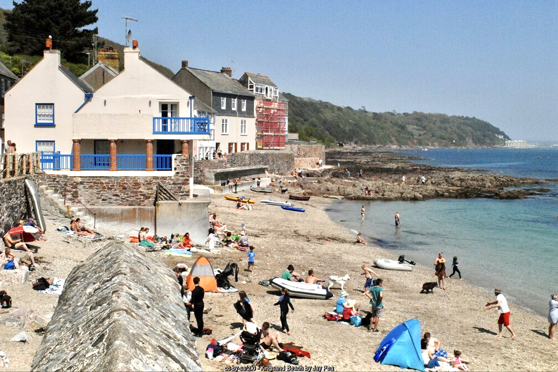Colourful houses above the sand and shingle beach at Kingsand and Cawsand, Rame Peninsula, Cornwall