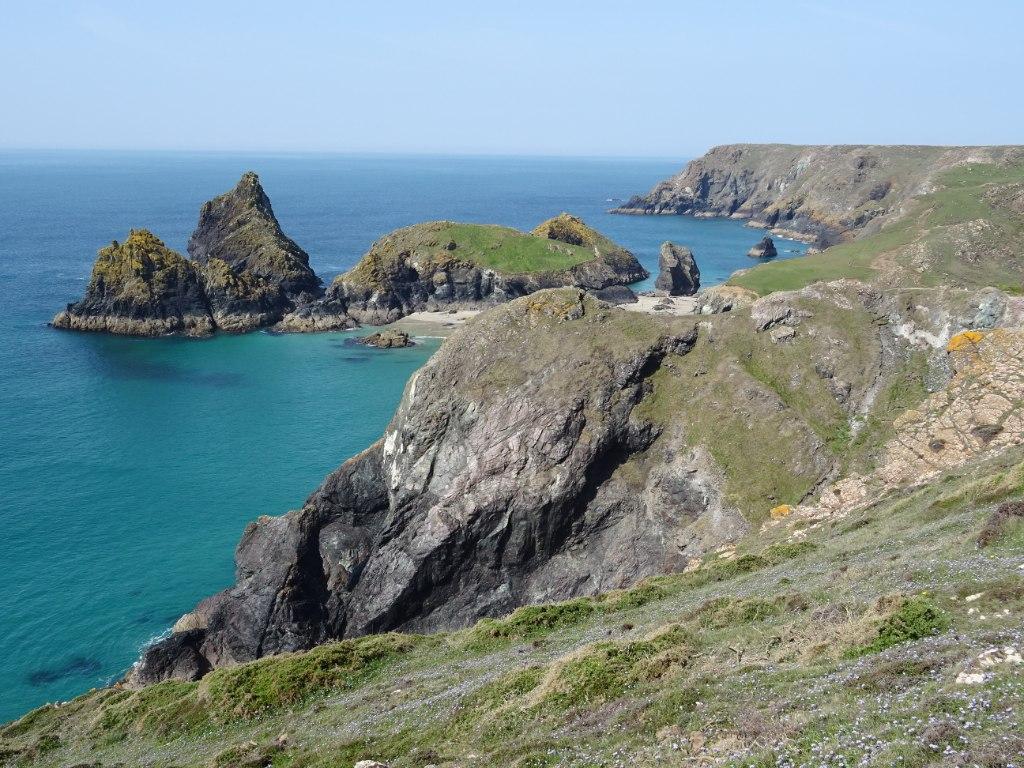 Kynance Cove on The Lizard Peninsula, with rocky islets and a sheltered beach