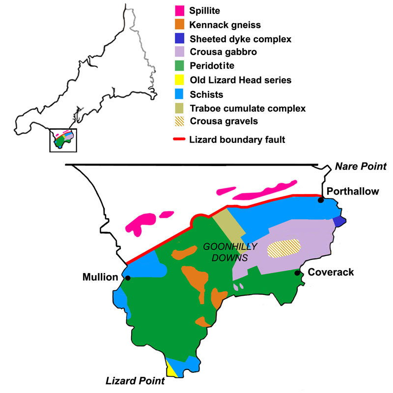 Simplified geological map showing the main rock units of The Lizard Peninsula