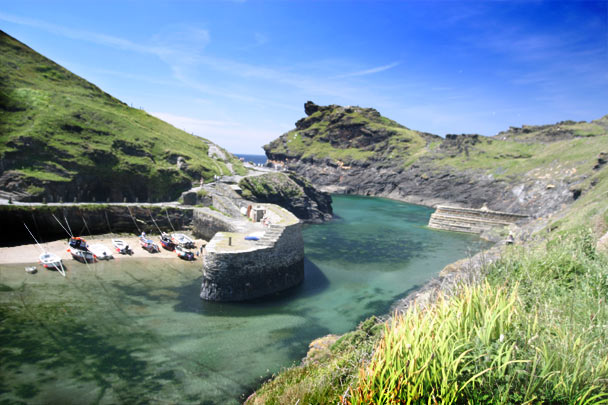 Boscastle harbour in its narrow valley, North Cornwall