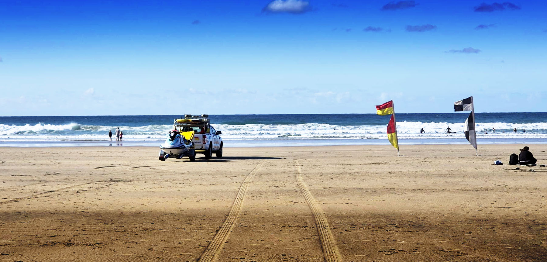 RNLI lifeguards watching over surfers on Perranporth beach