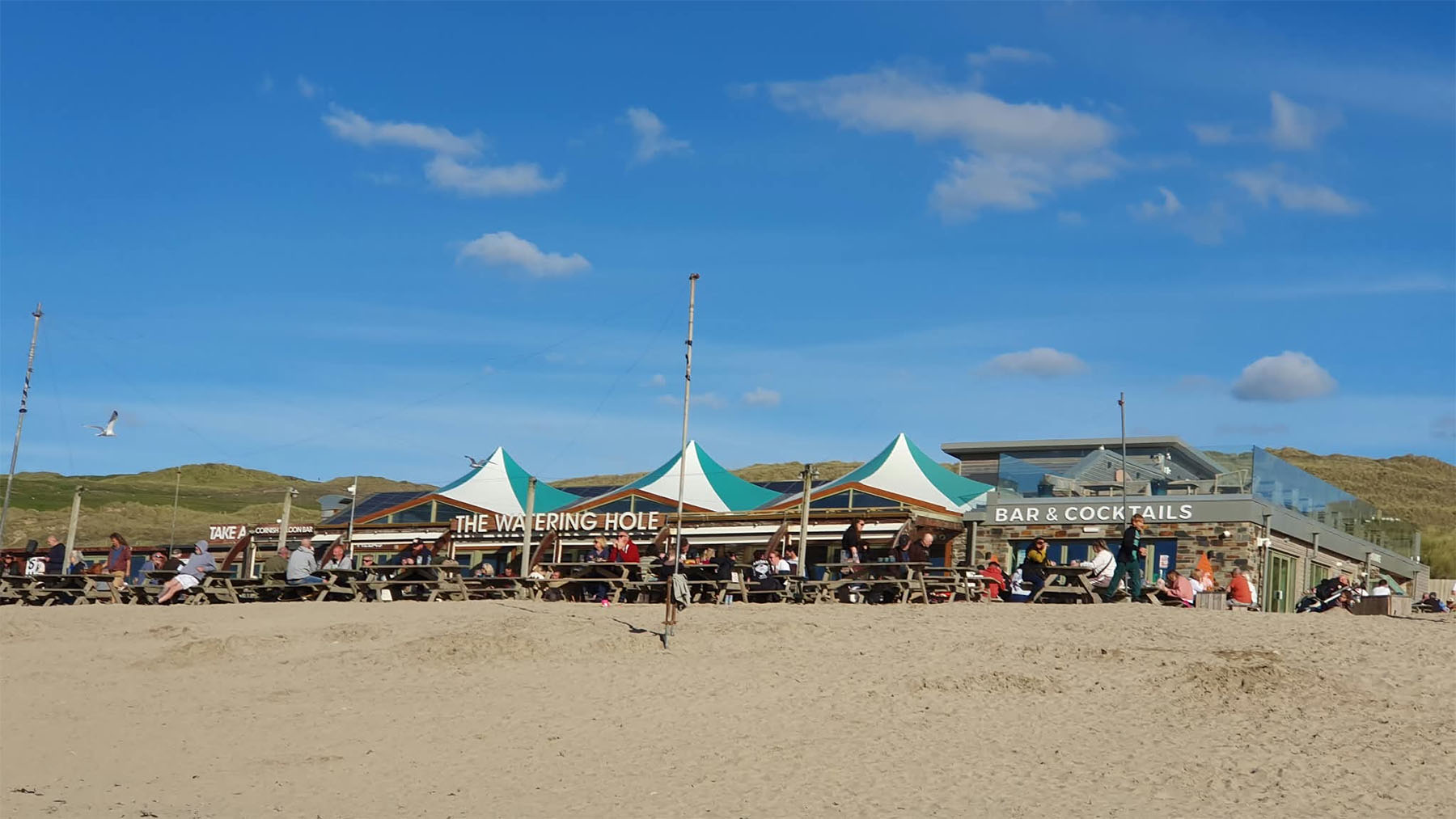 The Watering Hole beach bar on the sand at Perranporth