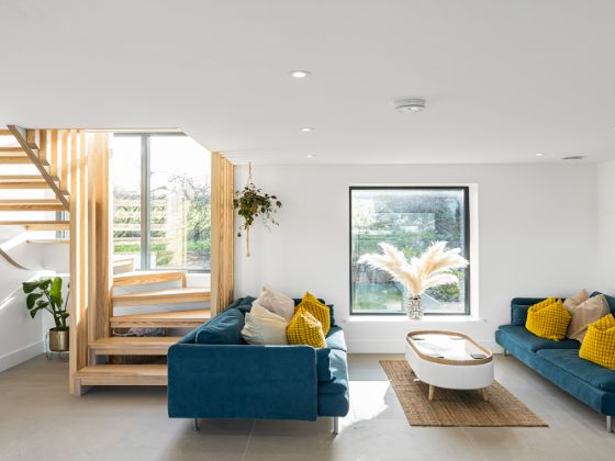 Miramar living area with blue sofas