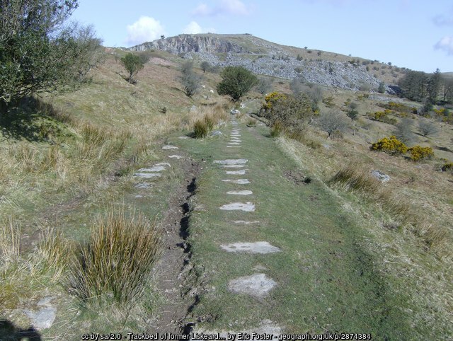 Old Liskeard and Caradon Railway track bed and granite mining landscape near Minions on Bodmin Moor