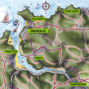 Map showing Wesdale between Polzeath, Rock, Padstow and Port Isaac